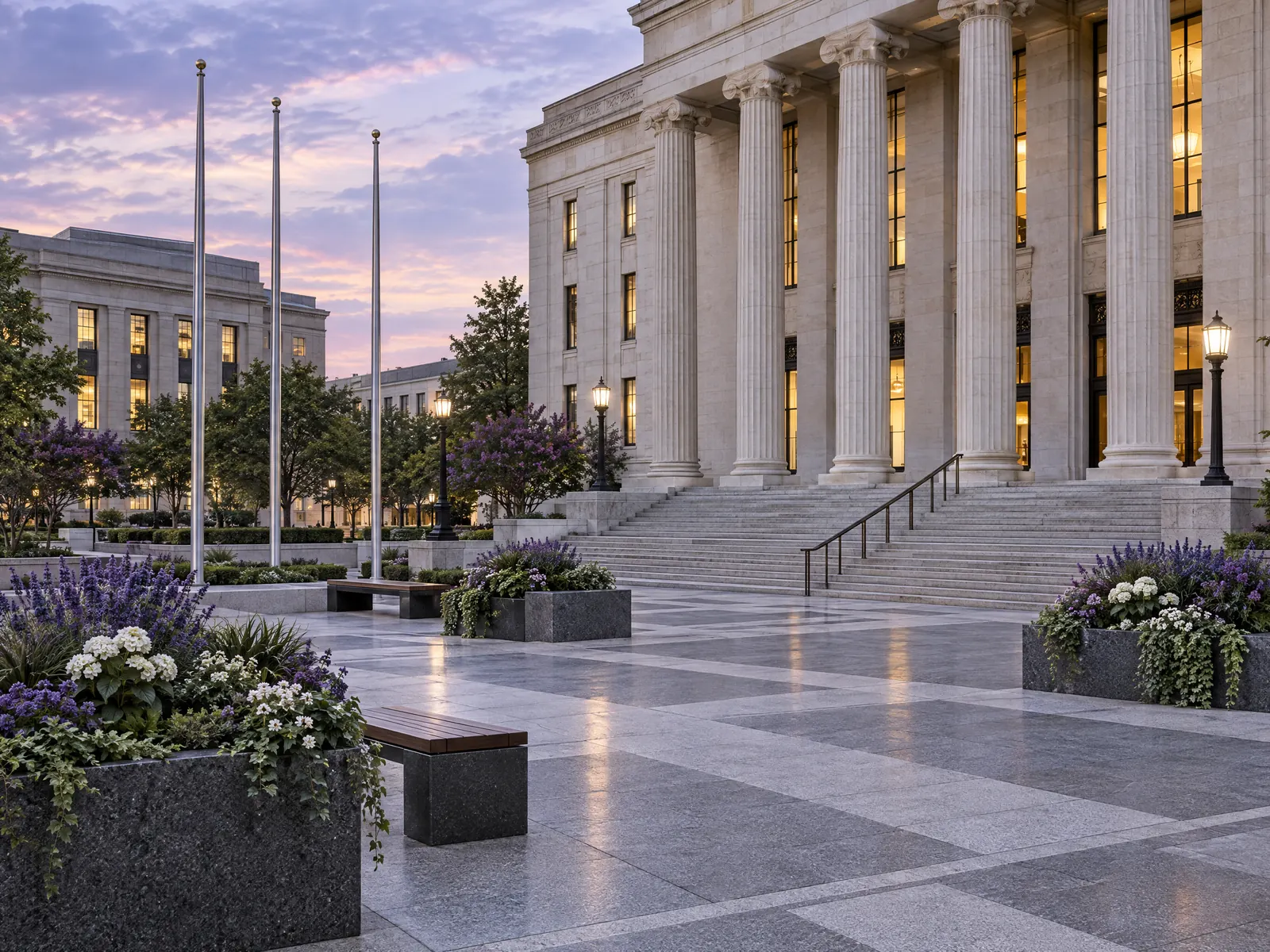 Columned stone civic building with wide steps and a granite plaza at dusk