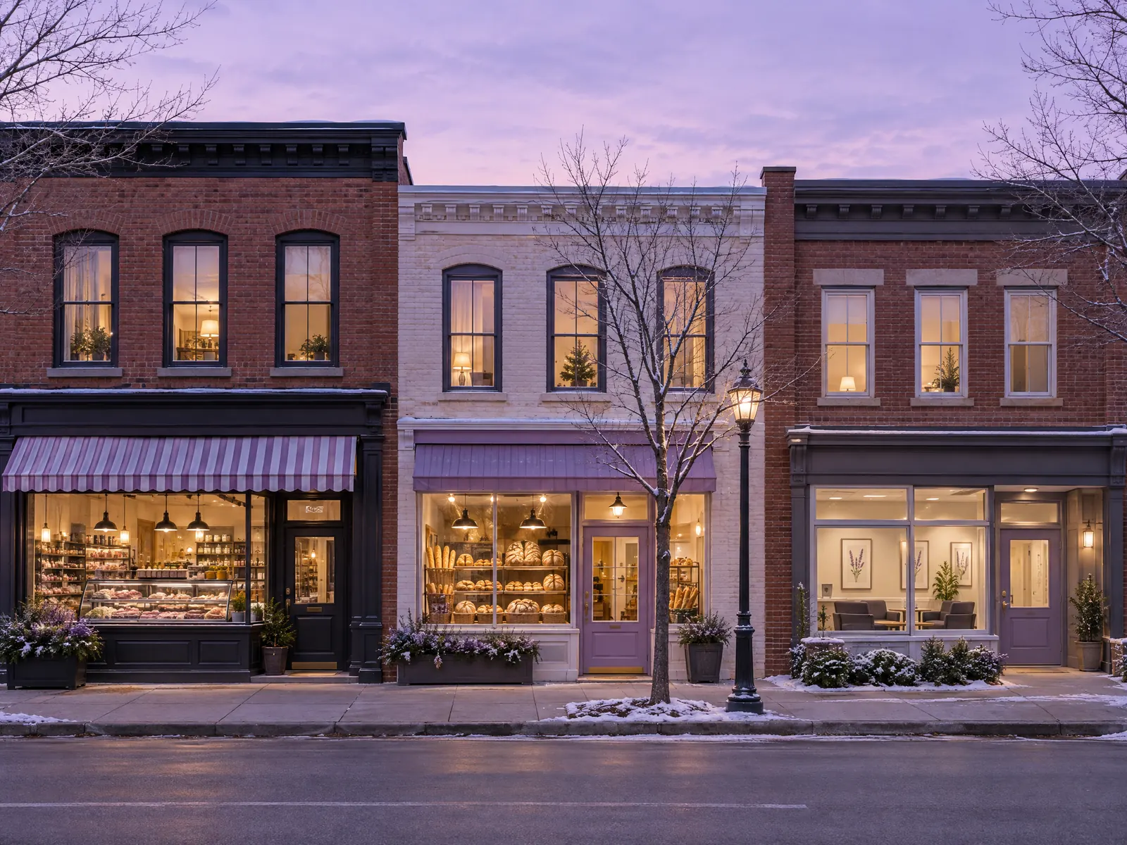 Brick shop row with a bakery and doctor's office lit up at winter twilight