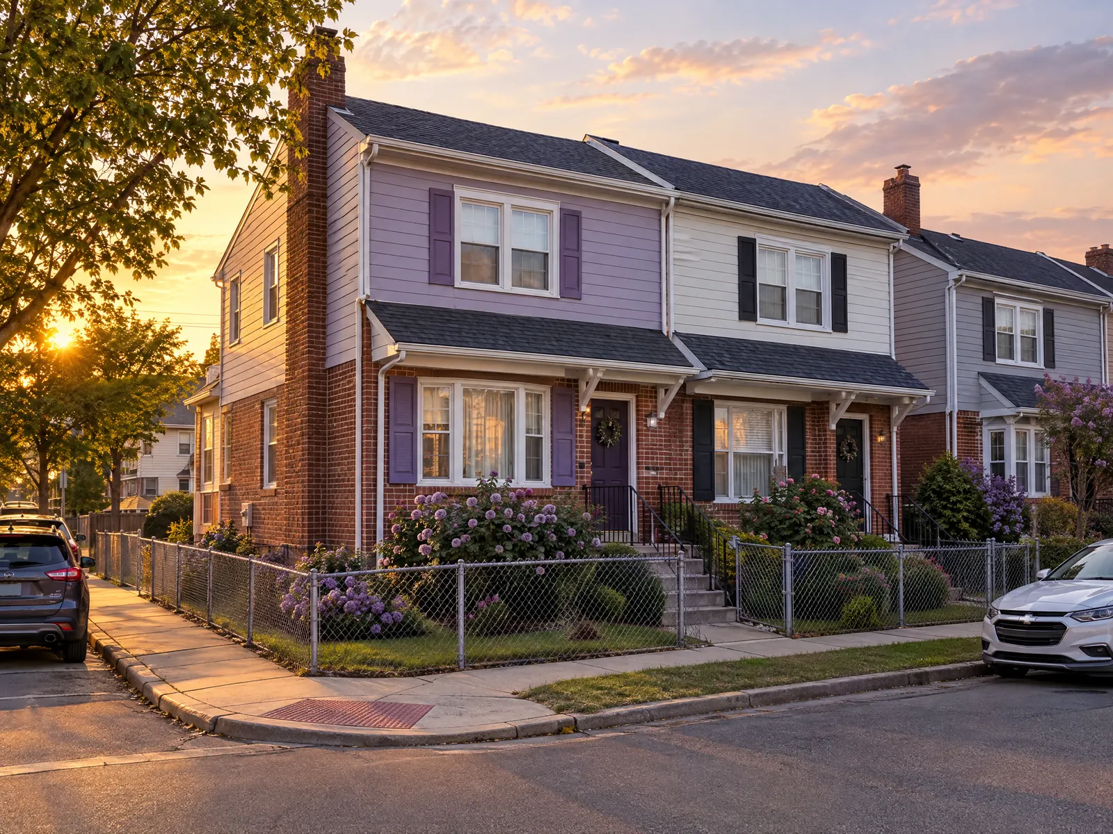 Attached two family homes with chain link fences and flowering shrubs at sunset