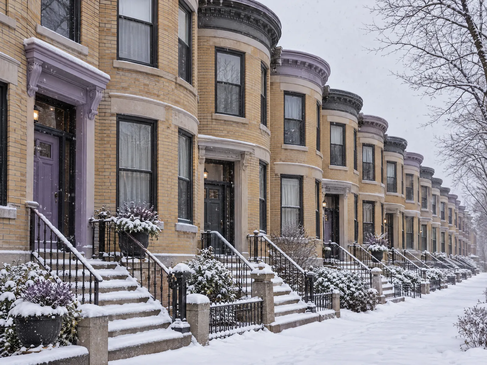 Row of tan brick rowhouses with rounded bay fronts and stoops in falling snow