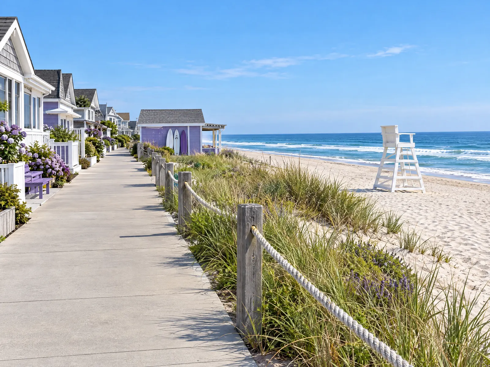 Concrete boardwalk beside dunes and beach grass with a lifeguard chair and beach cottages