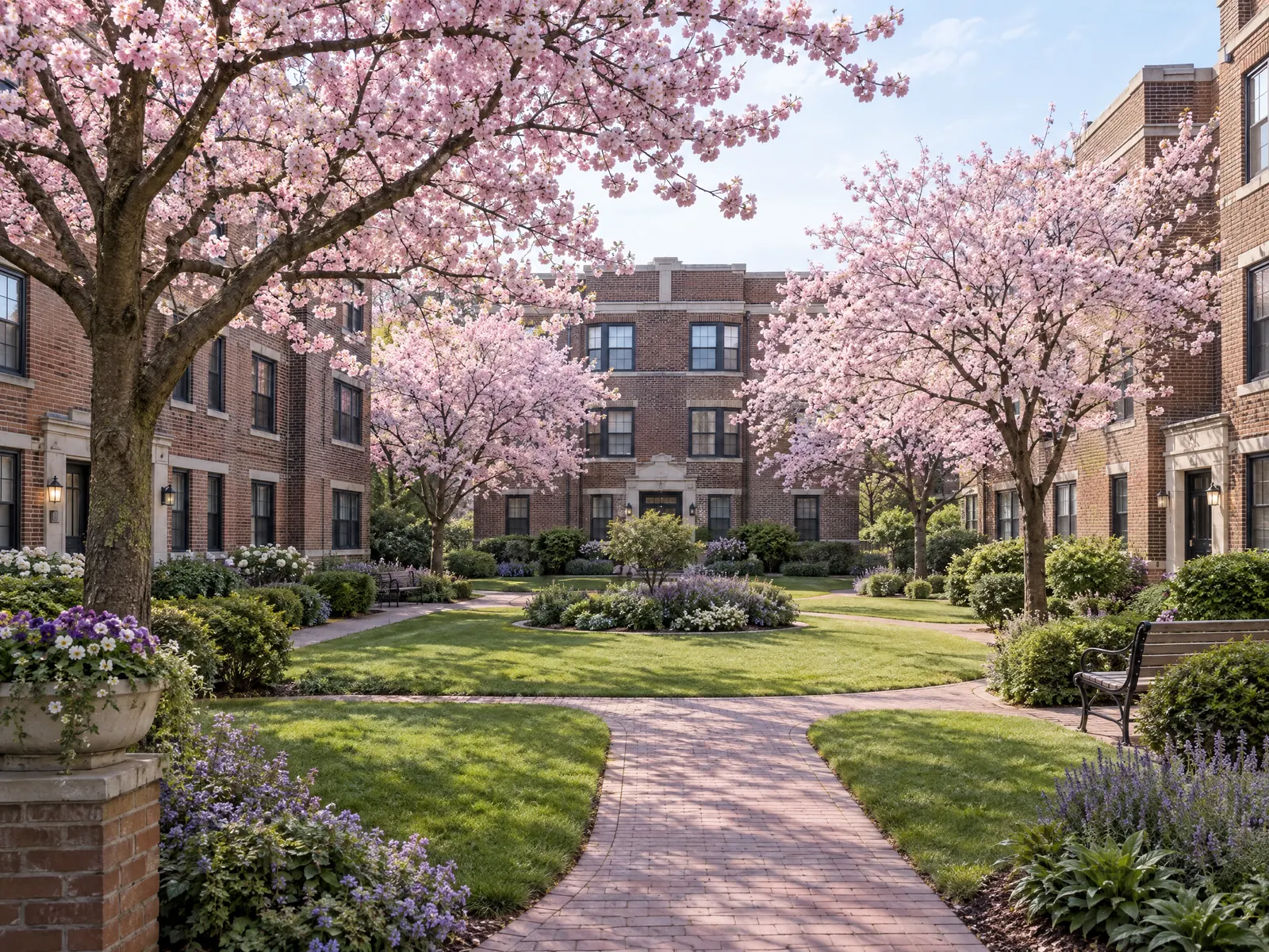 Brick garden apartments around a courtyard lawn with pink cherry blossoms in bloom