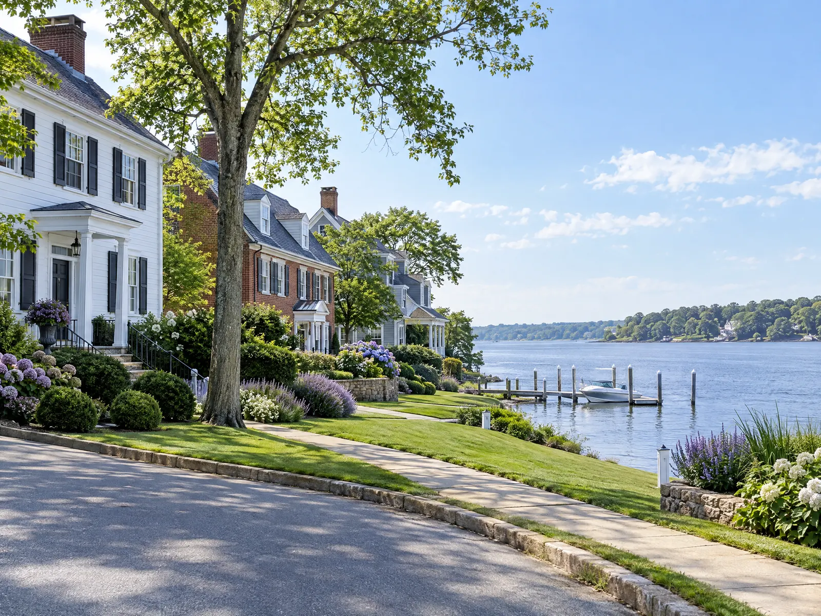 Colonial homes with green lawns along a quiet street beside a wide river and dock