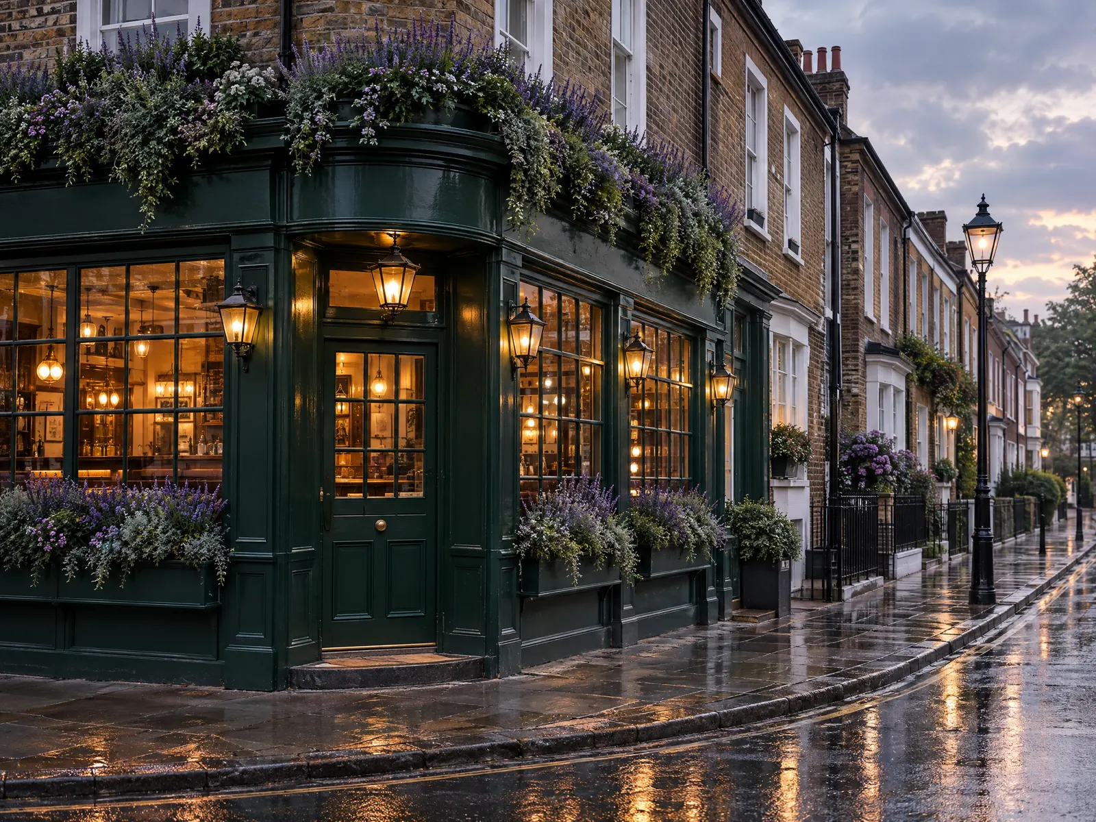 Dark green corner pub storefront with lavender flower boxes on a rainy evening street