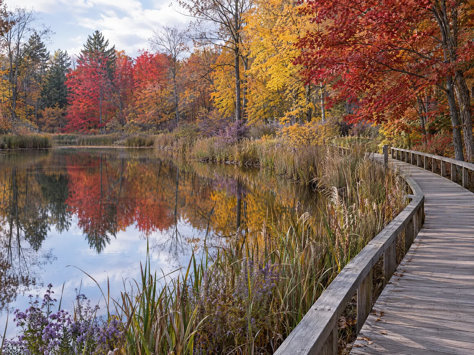 Wooden boardwalk trail along a still pond reflecting red and gold autumn trees