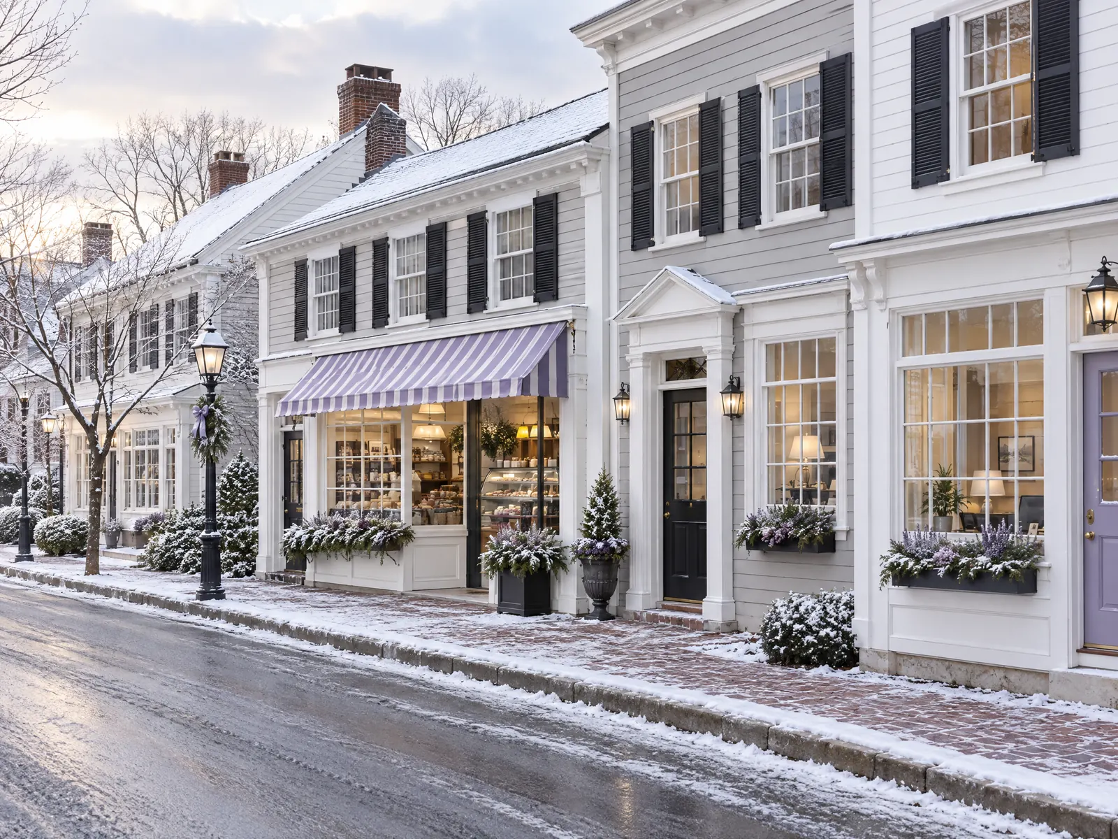 Snow dusted colonial style shopfronts with black shutters and a lavender striped awning