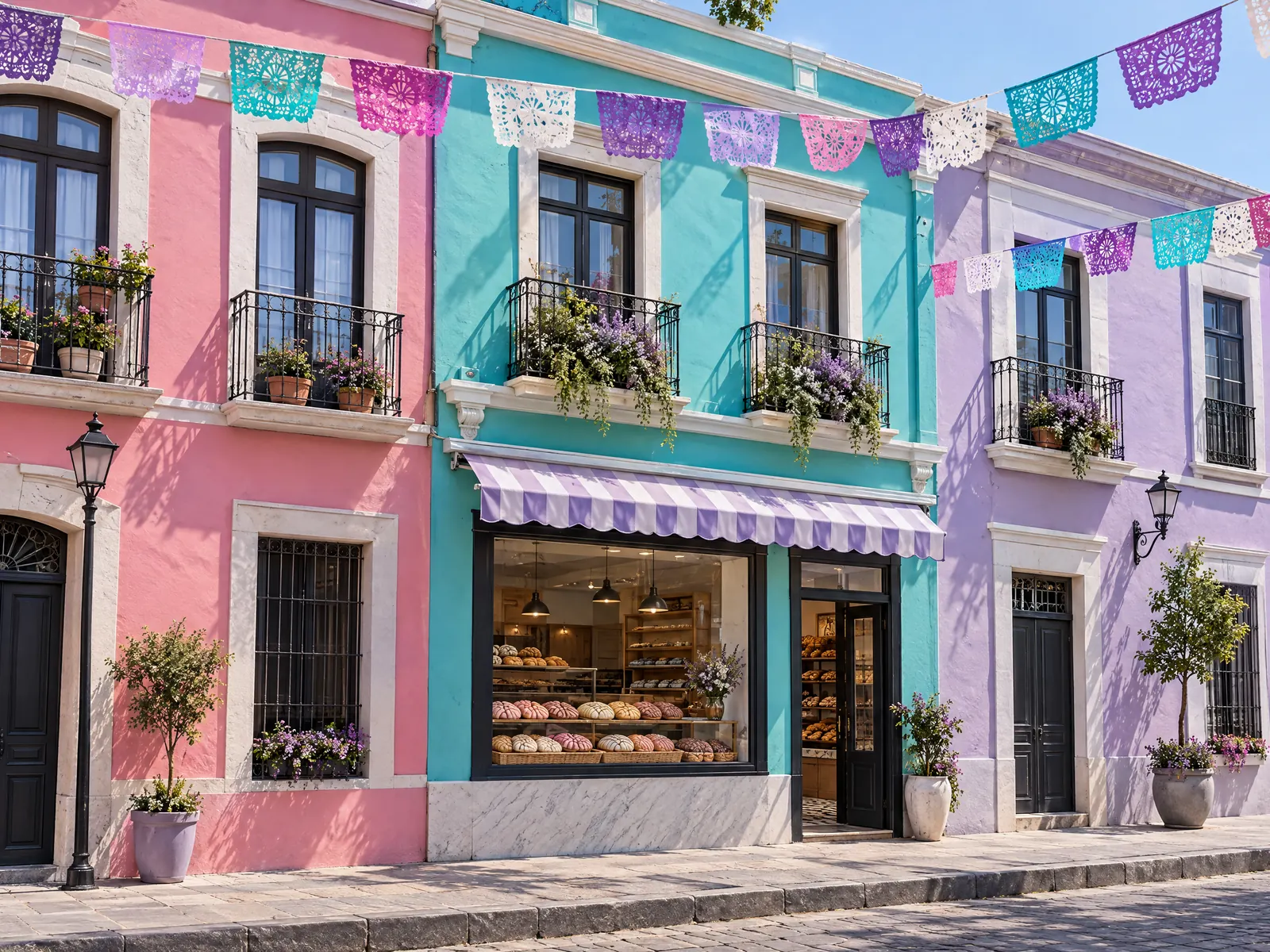 Pink, teal and lavender buildings with paper bunting and a bakery under a striped awning