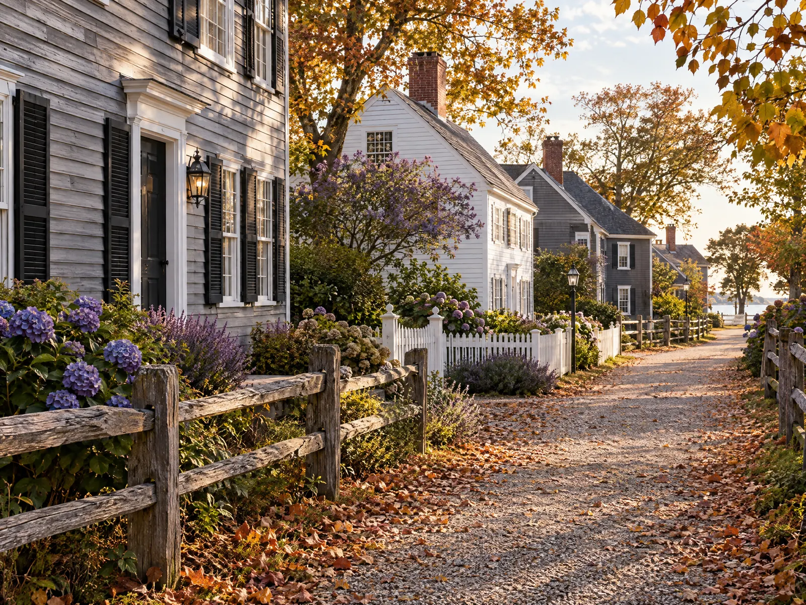 Gravel lane with split rail fence and old clapboard houses among autumn leaves