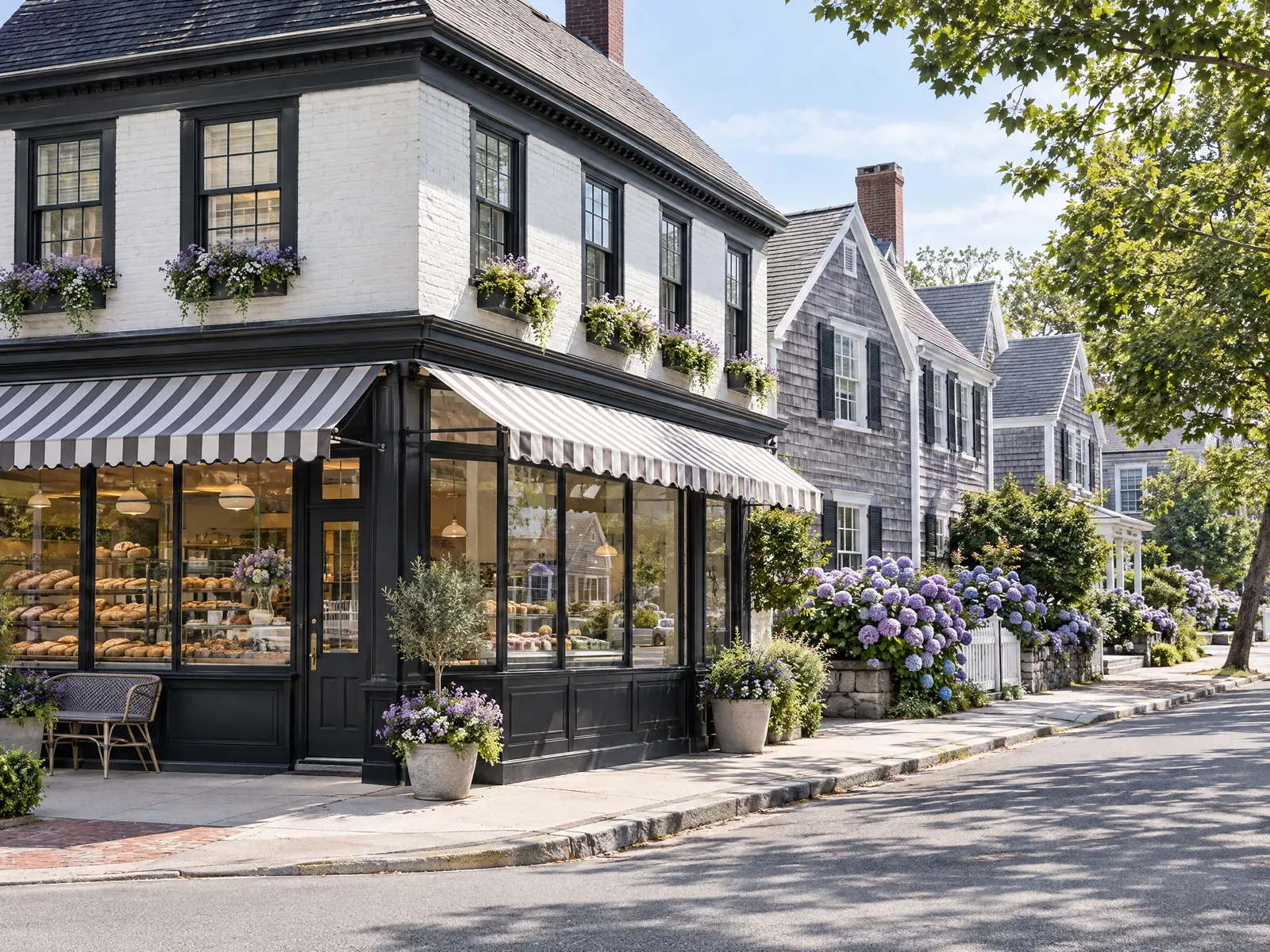Corner bakery with striped awnings beside shingled houses and purple hydrangeas