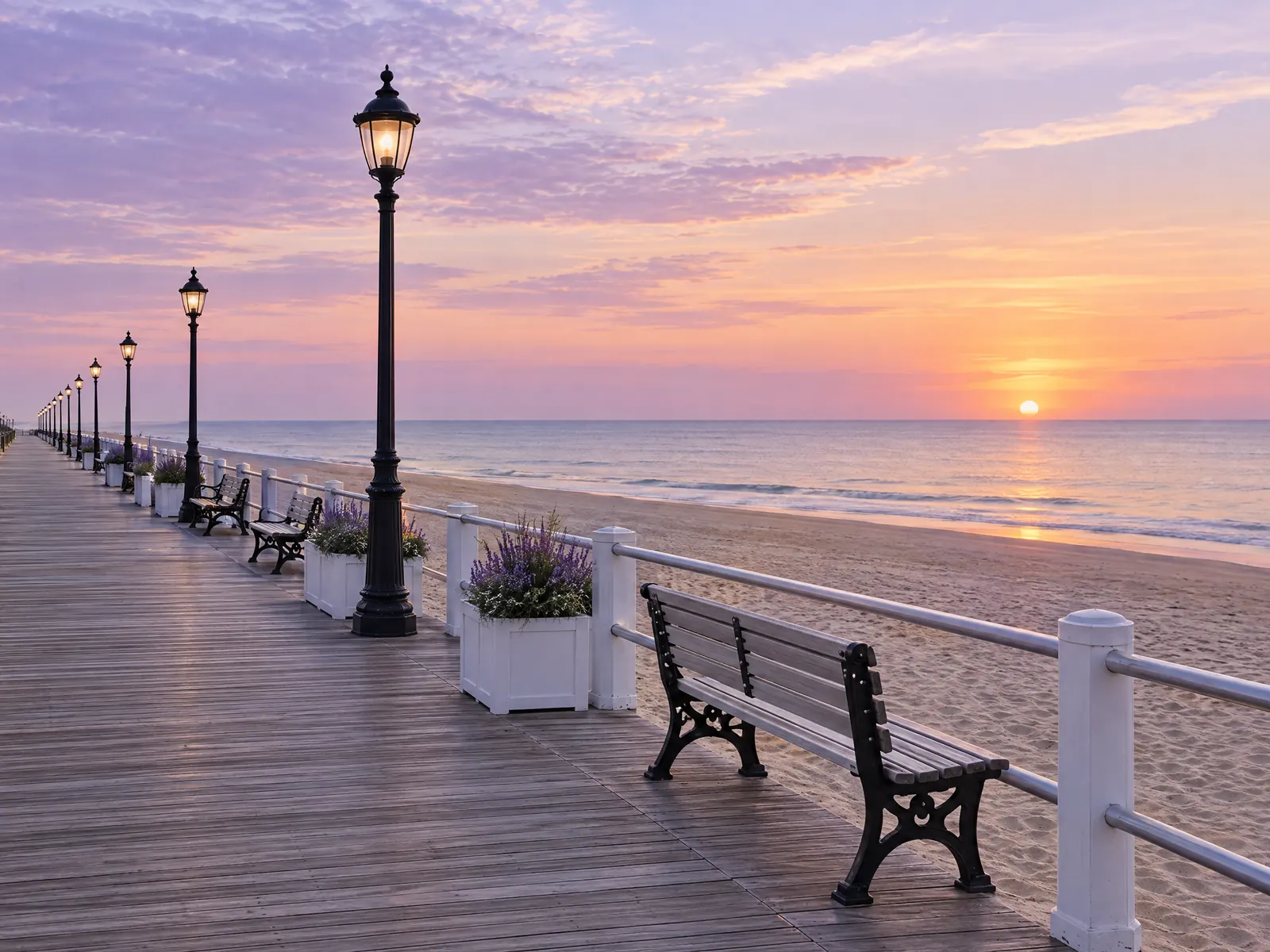 Wooden boardwalk with lamp posts and benches along a sandy beach at sunrise