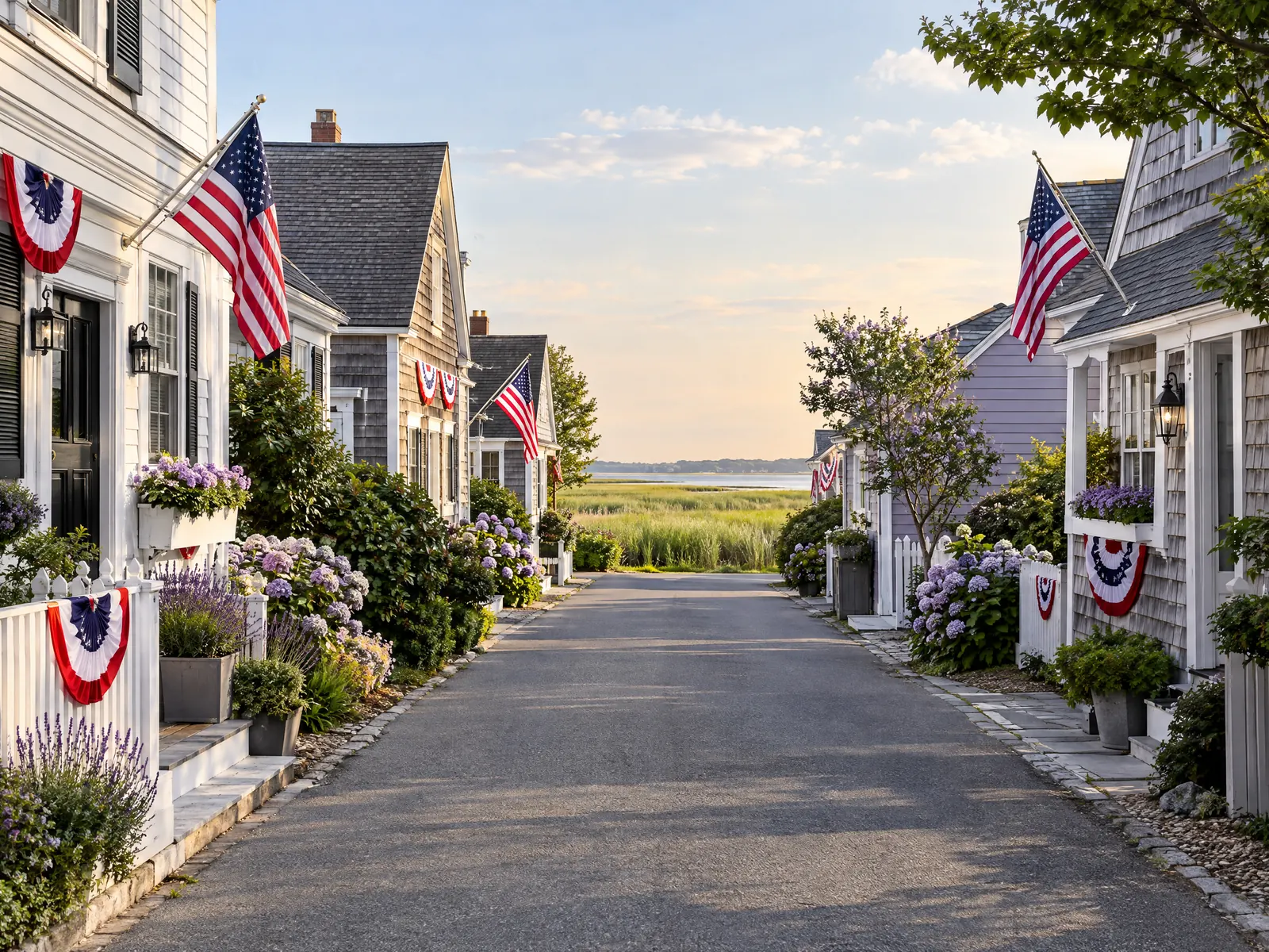 Shingled houses with flags and patriotic bunting on a lane ending at marsh grass