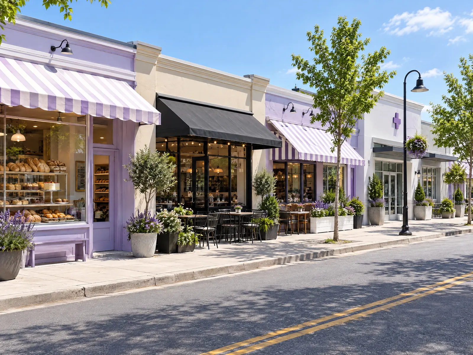 Pastel storefronts with a bakery and striped awnings on a sunny commercial street
