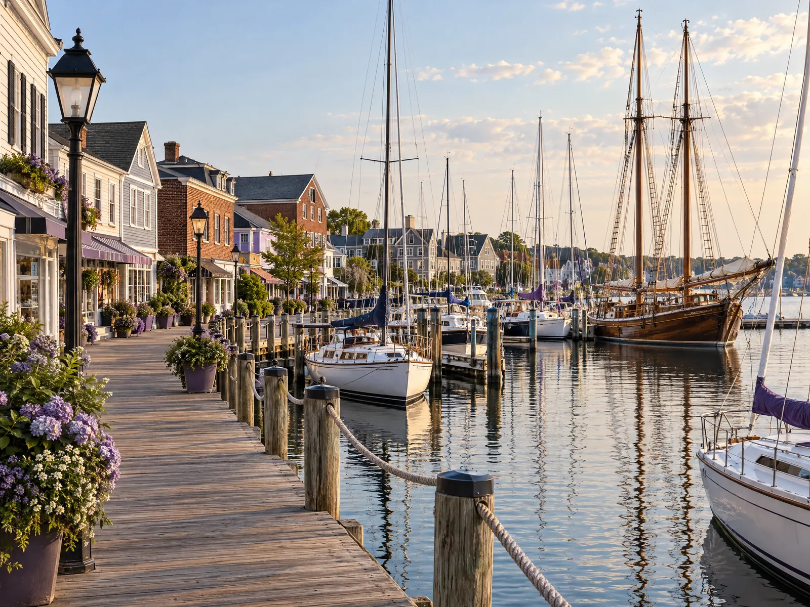 Wooden boardwalk along a marina with sailboats and a two masted schooner beside village shops