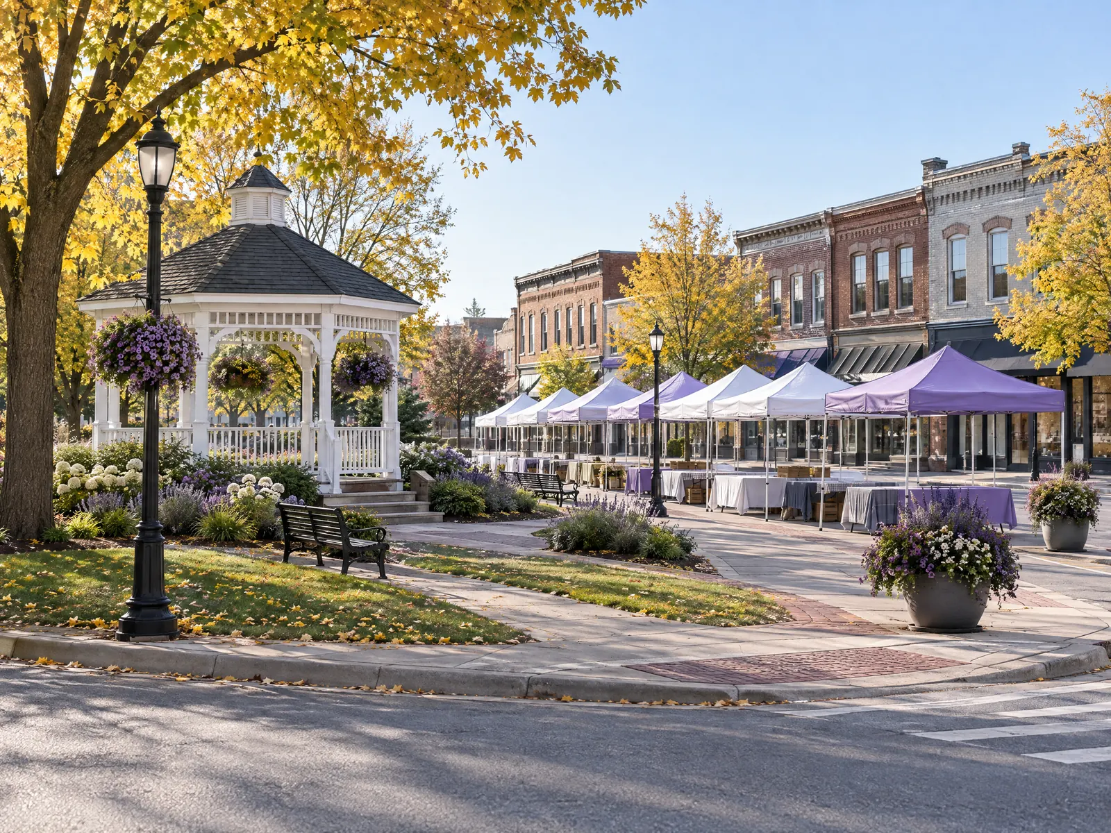 White gazebo in a corner park beside empty market tents and brick storefronts in autumn
