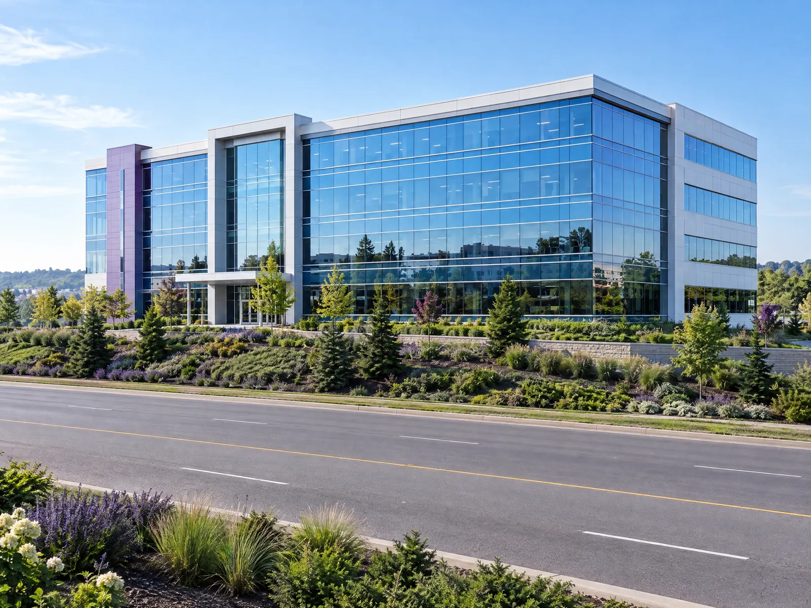 Five story glass office building behind a landscaped berm along a wide highway