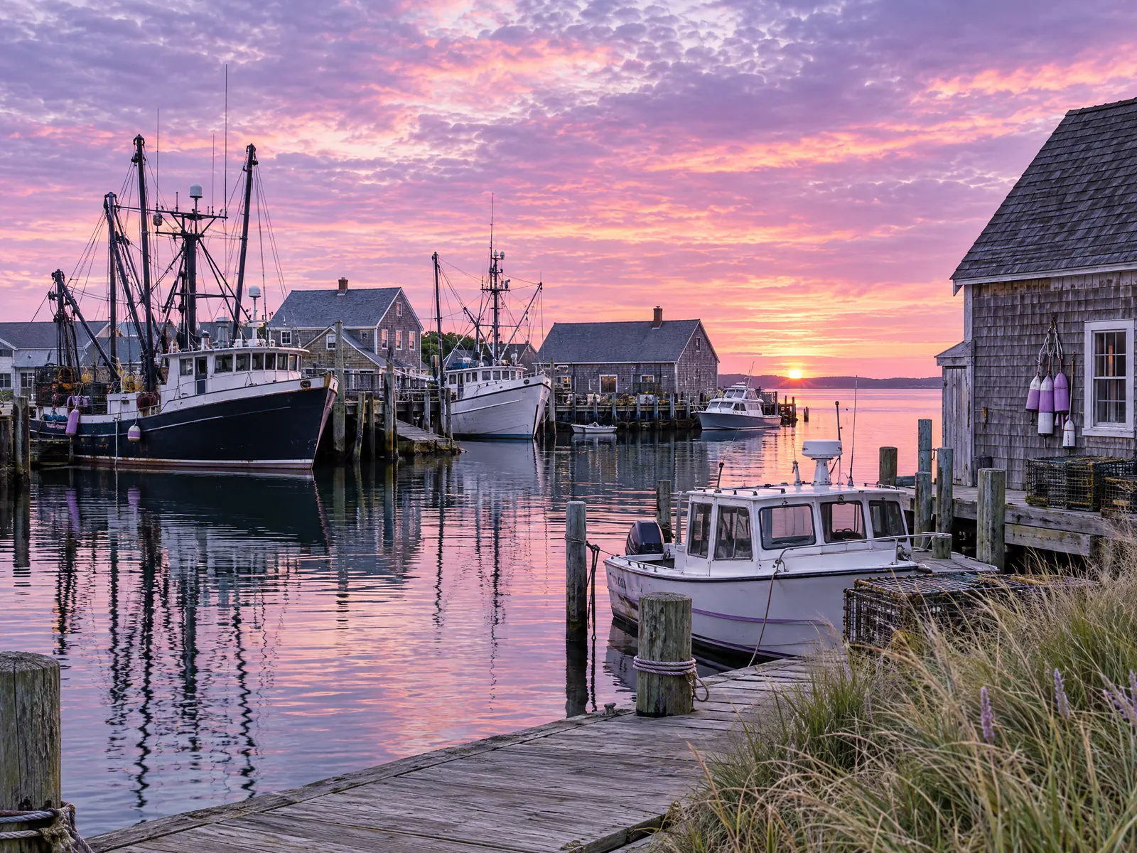 Fishing trawlers and a charter boat at weathered docks beside shingled shacks at sunrise