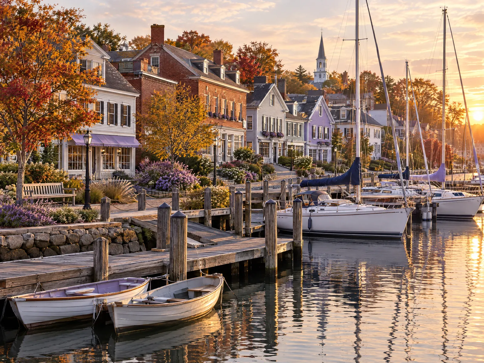 Village dock with rowboats and sailboats below brick and clapboard buildings in autumn light