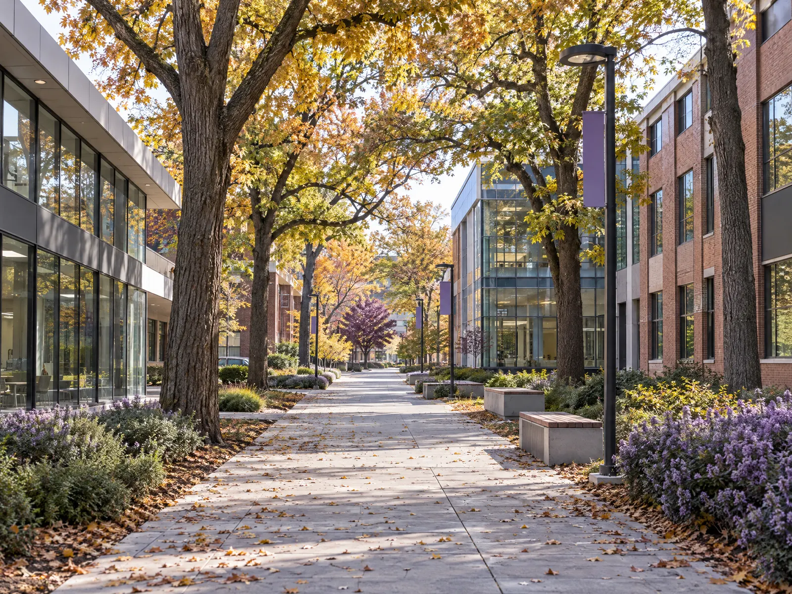 Campus walkway lined with glass and brick buildings under golden autumn oaks