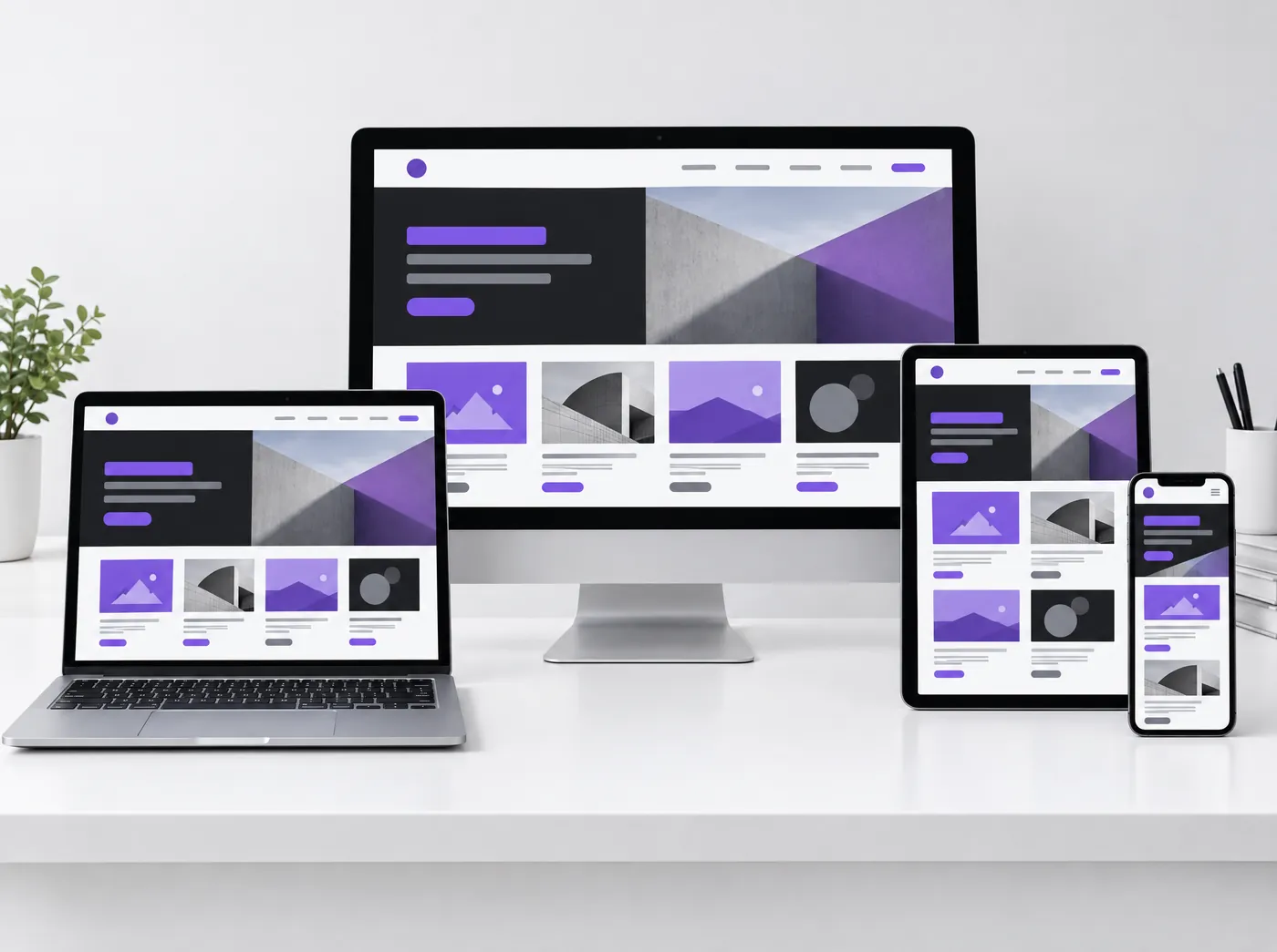 Desktop, laptop, tablet and phone showing the same responsive website